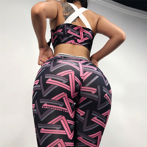 Women's 2 Piece Workout Set - Geometric Pink & Gray
